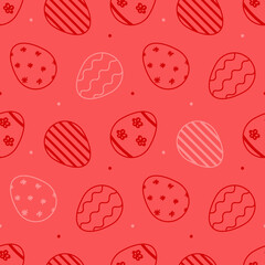 Red seamless pattern background with doodle, hand drawn decorated easter eggs and dots.