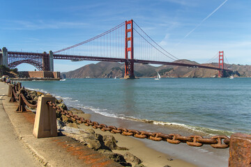 The famous Golden Gate Bridge view from the south coast, from the Fort Point embankment.	