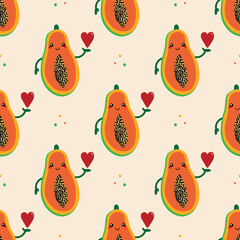 Cute cartoon style smiling papaya fruit character holding red heart in hand vector seamless pattern background.
