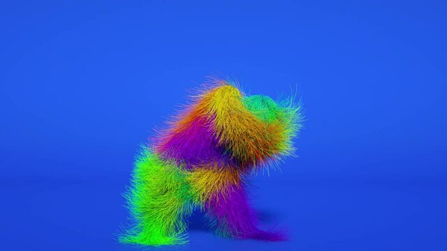 Funny hairy multicolored monster man character dancing . Furry beast having dancing, fur bright funny fluffy character, full hair Chewbacca, snowman, seamless motion design.