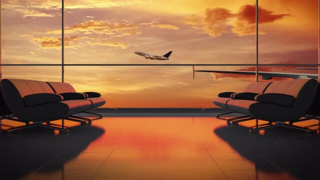 Panoramic window in the airport lounge, view of the sunset and the plane taking off.