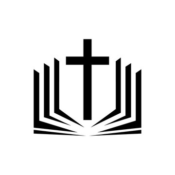 Christian church logo with book sign. Christian cross icon. Vector christian religion logo.