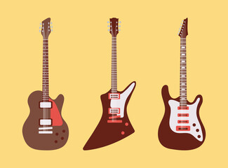 three guitars instruments musicals set icons in yellow background