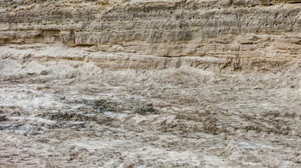 Steep wall of gray-brown sand with holes swallows nests in autumn. Background