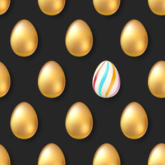 Symbol of unique. Easter pattern with golden eggs and single hand-painting egg. Seamless pattern. Vector 3d illustration