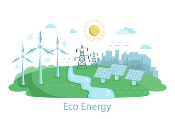 Renewable Power Sources with Windmills.. Alternative Clean Energy Concept with Wind Turbines and Solar Panels. Vector flat illustration - 409581309