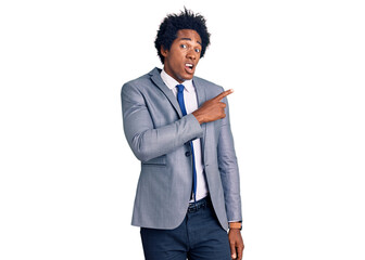 Handsome african american man with afro hair wearing business jacket pointing aside worried and nervous with forefinger, concerned and surprised expression