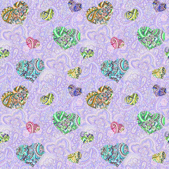 Seamless ornamental template - Indian ornament and ornate hearts on filigree violet background