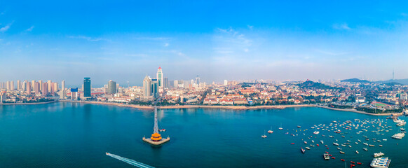 Aerial photography Qingdao Bay city architecture landscape skyline panorama