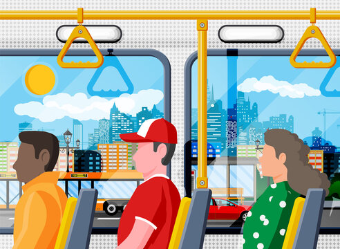 Interior of bus salon. Public city transport. Empty lounge inside modern bus. Seats, windows and handrail. Handles for safety transportations of passengers. Cartoon flat vector illustration