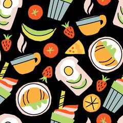 Vector seamless pattern with breakfast items Hot tea and toast with avocado and egg, fruits and a piece of pie, ice coffee and croissant