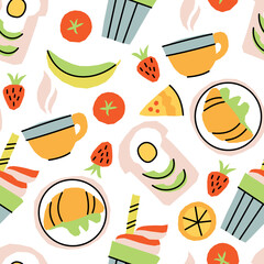 Vector seamless pattern with breakfast items Hot tea and toast with avocado and egg, fruits and a piece of pie, ice coffee and croissant - 409582950