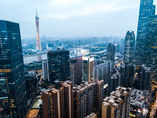 Aerial photography Guangzhou CBD architectural landscape skyline twilight