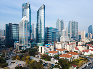 Fototapeta na wymiar Aerial photography of skyscrapers in downtown Qingdao