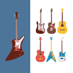 seven guitars instruments musicals set icons