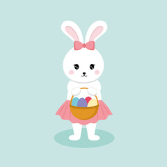 A cute rabbit holds a basket of Easter eggs. Hare girl in a skirt and with a bow. Vector character for the Easter holiday. Illustration for a greeting card.