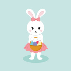 Fototapeta premium A cute rabbit holds a basket of Easter eggs. Hare girl in a skirt and with a bow. Vector character for the Easter holiday. Illustration for a greeting card.