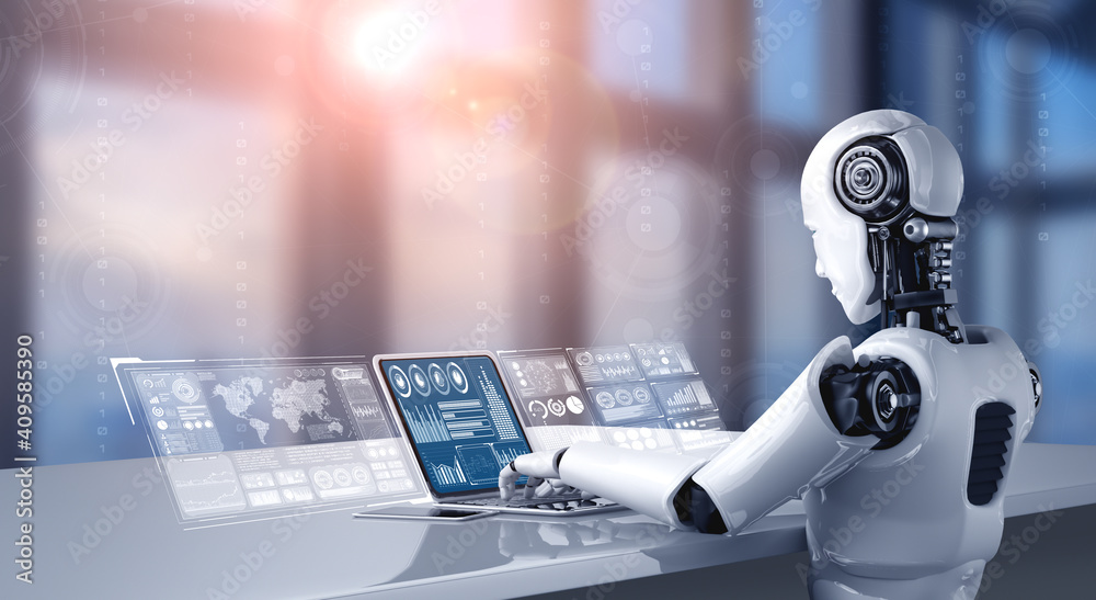 Poster robot humanoid use laptop and sit at table for big data analytic using ai thinking brain , artificia