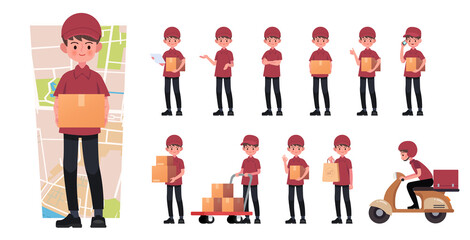 Delivery man character constructor and objects for animation scene. Set of various men's poses, faces, hands, legs. Flat style vector illustration isolated on white background.