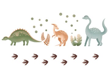 illustration of dinosaurs, paw prints, plants, parasaurolophus, brontosaurus, stegosaurus, set on a white background 