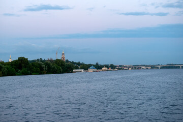 View of the historical part of the city of Kostroma from the Volga River on a summer evening