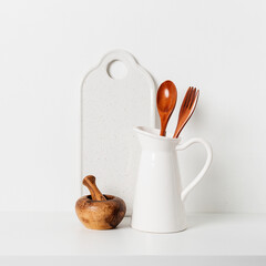 Kitchen utensils background with a blank space for a text, home kitchen decor concept, front view