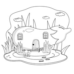 Eggplant house in the middle of the forest. Black and white vector illustration for a coloring book