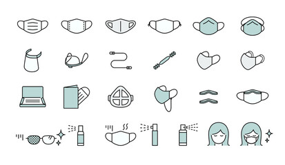 色々なマスクとマスク関連グッズのアイコンセット　サージカルマスク　布マスク　マスクストラップ　バンド