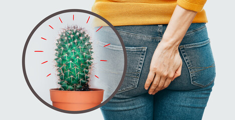 Woman holds her butt with her hand, she has hemorrhoids. Cactus as an illustration of discomfort and pain in diseases of the anus - obrazy, fototapety, plakaty