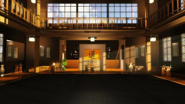 Dolly Camera Shot of Modern Japanese Karate School or Dojo - 3D Illustration of Interior - Shallow Depth of Field.  Kanji Symbol on Wall Translates to "The Way".