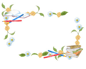 本と鉛筆とお花のフレーム