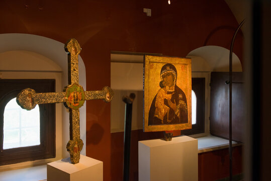 Icon and cross in the museum of the Chamber of the Romanov boyars in tne Holy Trinity Ipatiev Monastery