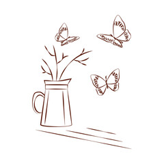 Rustic copper jug with twigs and fluttering butterflies, line drawing, spring and nature concept, vector illustration.