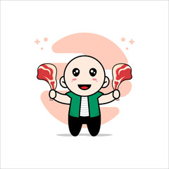 Cute men character holding a meat.