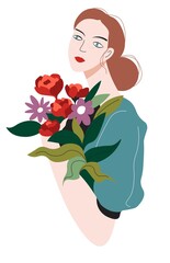 Thoughtful female character with flower bouquet