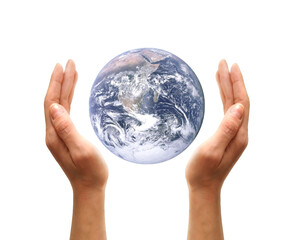 Female hands holding Earth isolated on a white background. Elements of this image are furnished by NASA