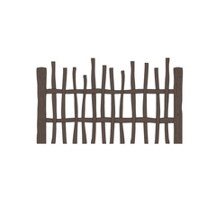 Antique wooden cartoon fence made of sticks logs branches. Stock vector flat illustration isolated on white background.