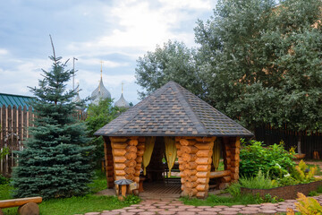 Gazebo in the yard. One of the most popular tourist places of the city is the Carved and decorated Snegurochka's tower-room