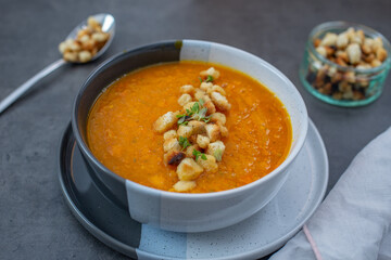 Creamy pumpkin soup with pumpkin seeds
