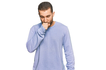 Young caucasian man wearing casual clothes feeling unwell and coughing as symptom for cold or bronchitis. health care concept.