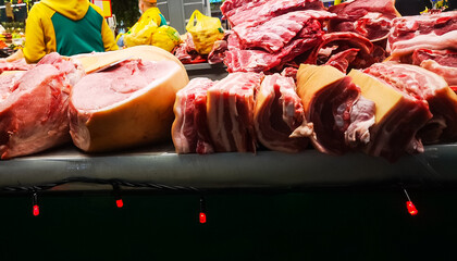 selling large cuts of raw pork on the counter in a butcher shop in a large food market