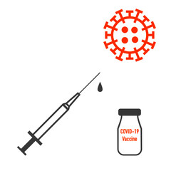 Syringe, vaccine vial, and virus representation isolated on white background. Covid-19 vaccination concept