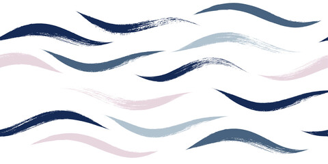 Seamless Wave Pattern, Hand drawn water sea modern vector background. Wavy beach brush stroke, curly grunge paint lines, watercolor illustration
