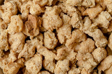 Dry vegan meat. Soy meat. Protein Close
