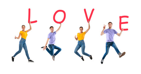 Collage of people jumping and holding letters forming word Love