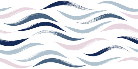 Seamless Wave Pattern, Hand drawn water sea modern vector background. Wavy beach brush stroke, curly grunge paint lines, watercolor illustration