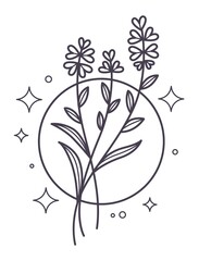 Floral branches with blooming in circle line art