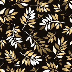 Seamless monochrome floral pattern with twigs and leaves for design use