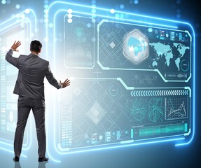 Man pressing virtual button in data mining concept