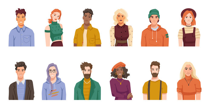 Portraits of people from different cultures and nations. Isolated set of males and females, positive youth or adults wearing hipster cloth. Diverse personages. Cartoon character, vector in flat style